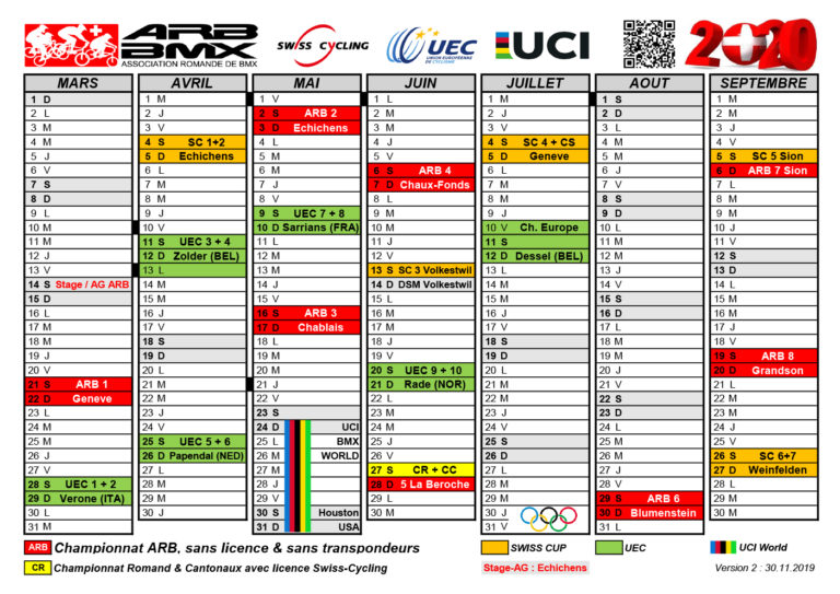 Calendrier saison 2020 Bmx Club Echichens